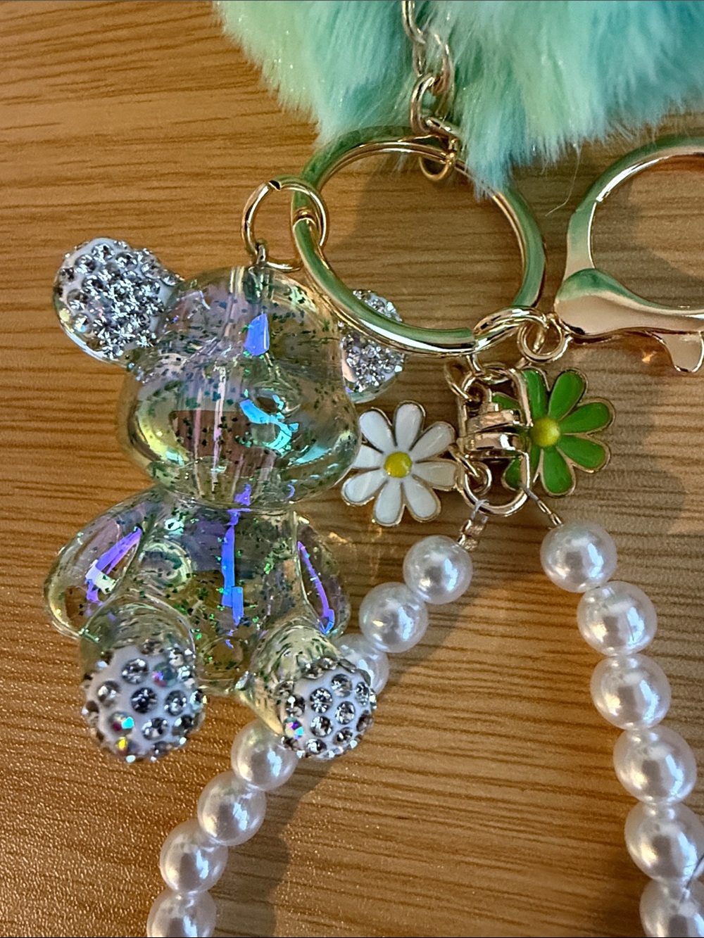 Teal Fur Pom & Iridescent Bear Keychain Charm New Purse or Bag